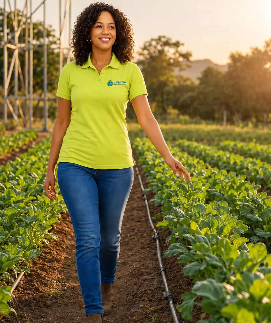 Técnica da LENISA a caminhar entre linhas de cultivo com rega gota-a-gota e reservatório elevado