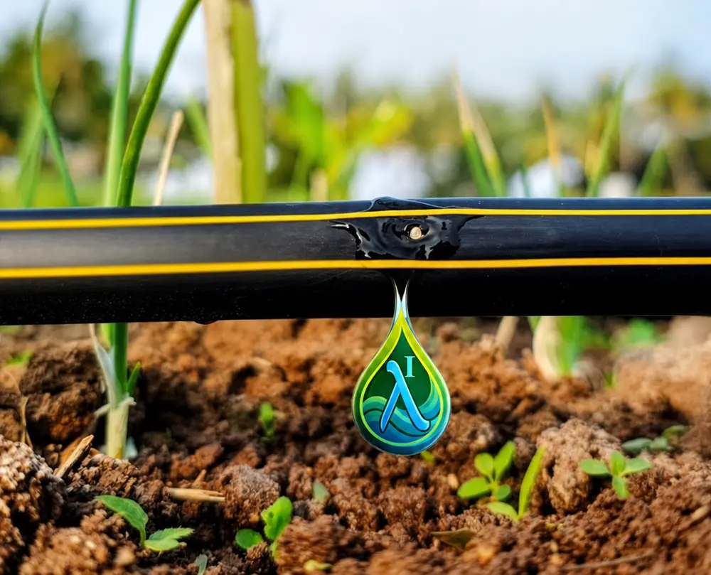 Gota de água a cair de um tubo gotejador Jain junto a uma planta jovem