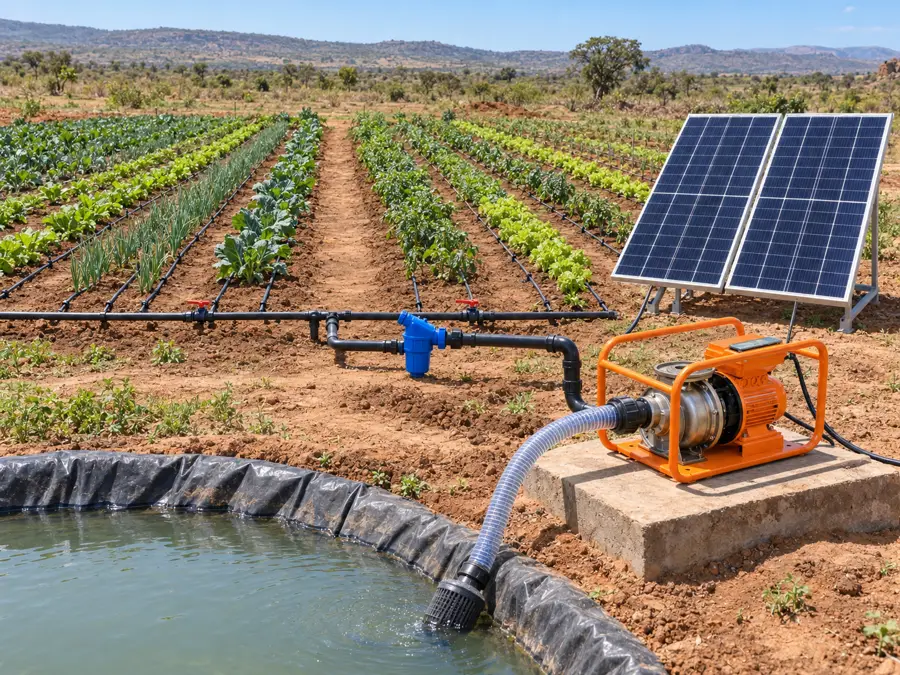 Kit SunDrip: bomba solar a retirar água de uma charca para linhas gotejadoras