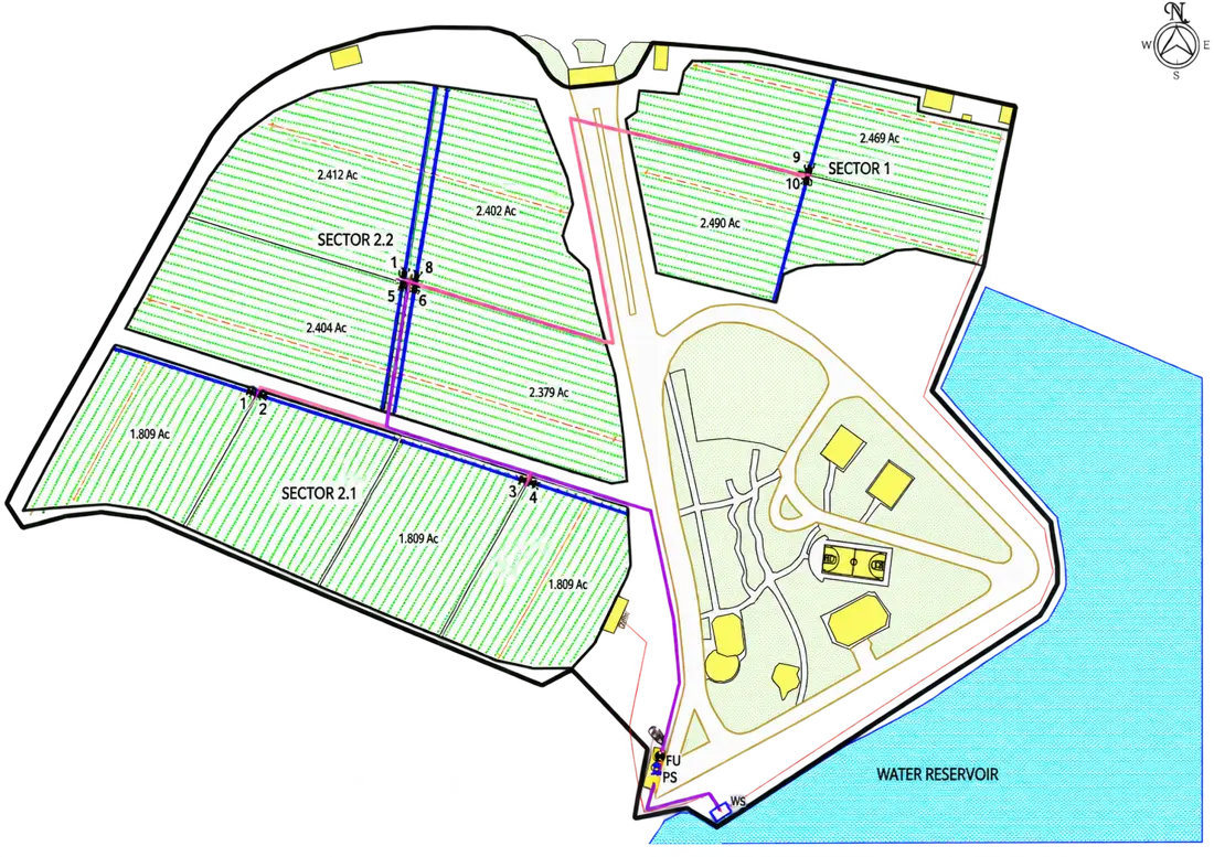 Planta do projecto de rega: blocos de citrinos divididos em sectores 1, 2.1 e 2.2, com a estação de bombagem e filtragem junto ao reservatório de água
